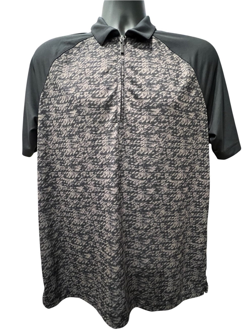 Greg Norman Collection Men's Short Sleeve Quarter-Zip Polo - Black & Gray Print - Picture 1 of 9